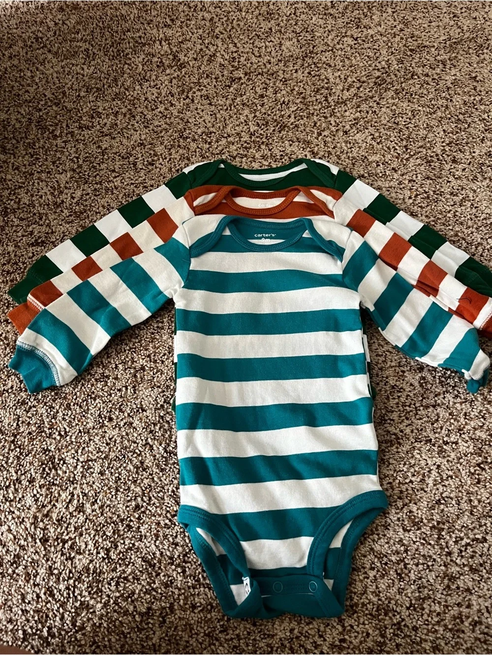 Carter's 9 monthsTeal, Rust & Green Striped Long-Sleeve Baby One-Pieces (3-Pack)